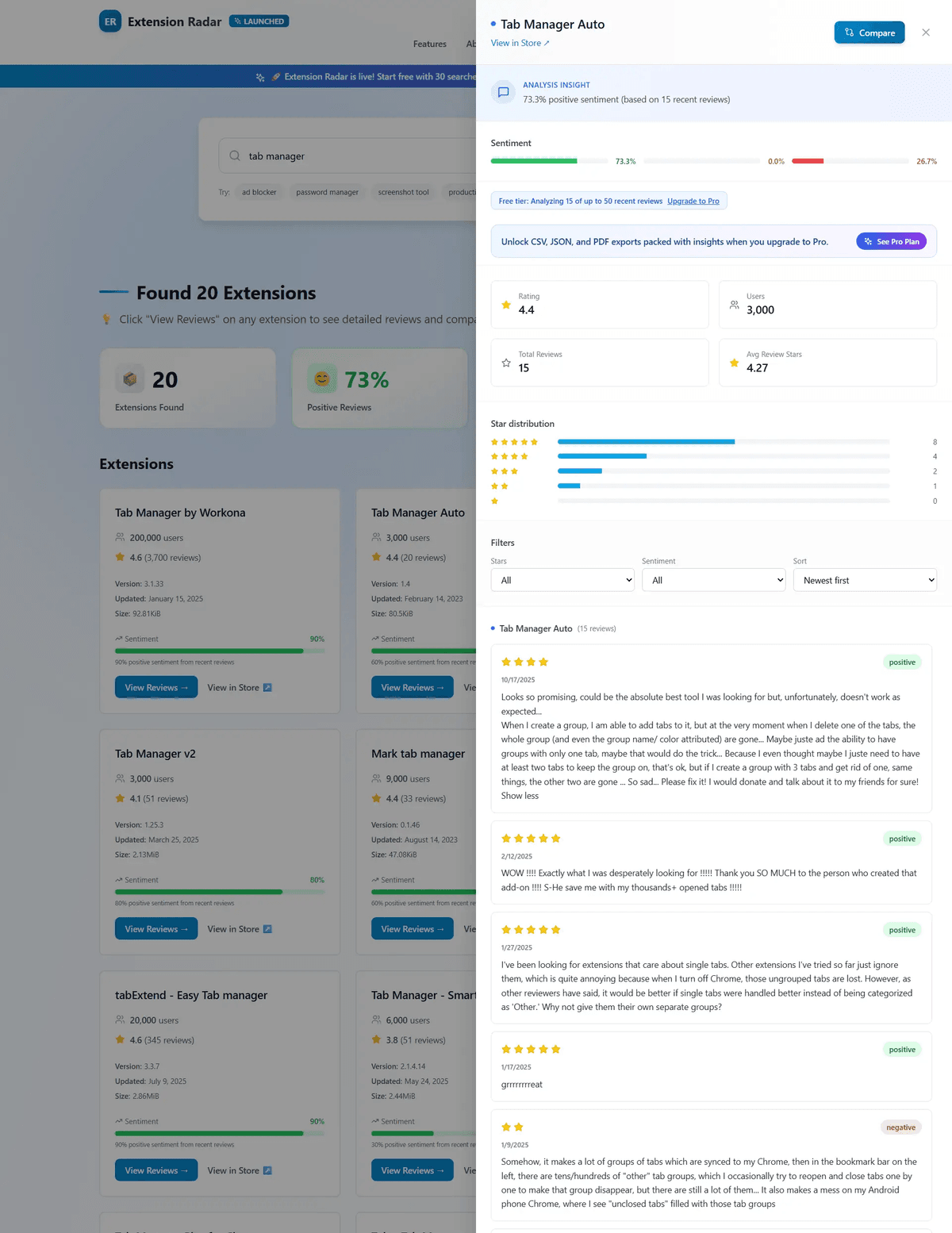 Review Analysis Drawer with sentiment insights